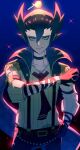  1boy absurdres black_hair black_necktie blue_background blue_cape cape closed_mouth coin collared_shirt commentary_request epaulettes gloves green_eyes grimsley_(pokemon) grimsley_(sygna_suit)_(pokemon) hair_between_eyes hand_on_own_hip highres looking_at_viewer male_focus natupath_summer necktie official_alternate_costume pants pointy_hair pokemon pokemon_(game) pokemon_masters_ex shirt sleeves_rolled_up smile solo suspenders 