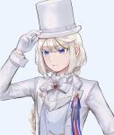  1boy absurdres blonde_hair blue_eyes braid commentary_request formal frilled_shirt_collar frills gloves hand_on_headwear hat highres lapel_pin lapels long_hair long_sleeves male_focus mclw_suisei parted_lips peaked_lapels shirt sidelocks simple_background solo suit tokyo_afterschool_summoners top_hat tuaring_(housamo) upper_body vest white_gloves white_headwear white_shirt white_suit 