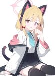  1girl absurdres animal_ear_headphones animal_ears black_skirt black_thighhighs blonde_hair blue_archive blue_necktie bow cat_tail chinese_commentary collared_shirt fake_animal_ears hair_bow halo headphones highres jacket jyt looking_at_viewer momoi_(blue_archive) necktie open_mouth pink_halo pleated_skirt red_bow red_eyes shirt short_hair simple_background skirt solo tail thighhighs two-sided_fabric two-sided_jacket white_background white_jacket white_shirt 