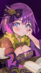  1girl :t bernadetta_von_varley blush book bow breasts candle cleavage commentary_request fire fire_emblem fire_emblem:_three_houses gbbgb321 hair_bow highres looking_at_viewer medium_breasts purple_bow purple_eyes purple_hair solo 