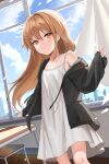  1girl absurdres bare_shoulders blue_sky brown_hair chair classroom cloud curtains desk dress highres indoors long_hair off_shoulder orange_eyes original parted_lips school_chair school_desk sky solo somyo_(s0my0) white_dress 