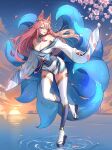  1girl absurdres ahri_(league_of_legends) animal_ear_fluff animal_ears artist_name bell blue_eyes breasts cherry_blossoms cleavage cloud commission english_commentary facial_mark falling_petals fingernails fox_ears fox_girl fox_tail full_body hair_between_eyes highres large_breasts leaf league_of_legends long_hair looking_at_viewer multiple_tails nail_polish nifurawa official_alternate_costume official_alternate_hairstyle outdoors parted_lips petals pink_hair red_nails sandals sharp_fingernails sky smile solo spirit_blossom_ahri standing standing_on_one_leg sunset tail thighhighs water whisker_markings white_thighhighs wide_sleeves 