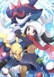  1girl :d absurdres akari_(pokemon) black_shirt commentary_request eyelashes grey_jacket grey_skirt haru_(haruxxe) head_scarf highres hisuian_samurott holding jacket leg_up logo long_hair loose_socks open_mouth pantyhose pikachu poke_ball poke_ball_(basic) poke_ball_(legends) pokemon pokemon_(creature) pokemon_(game) pokemon_legends:_arceus ponytail red_scarf scarf shirt shoes sidelocks skirt smile socks white_headwear white_socks 