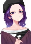  1girl absurdres beret black_headwear collarbone eyeshadow forehead hat highres idolmaster idolmaster_shiny_colors looking_at_viewer makeup off-shoulder_shirt off_shoulder purple_eyes purple_hair ryo---ta shirt simple_background solo tanaka_mamimi upper_body white_background 