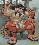 2023 5_fingers 5_toes abs absurd_res ankle_tuft anthro arm_tuft ashael ashendawger balls bandage_on_nose biceps black_hair black_stripes bulge chest_markings chest_tuft chinese_text chopsticks cjk_character claws clothing feet felid finger_claws fingers foggy_background food_stall footwear fur furniture genitals hair hi_res holding_chopsticks holding_object leg_tuft male mammal markings muscular muscular_anthro muscular_male nipple_piercing nipple_ring nipples obliques open_toe_shoes orange_body orange_fur pantherine pawpads pecs penis piercing pubes red_eyes ring_piercing sandals shadow sitting solo stool striped_body striped_fur stripes tenting text tiger toe_claws toes tuft vein veiny_muscles veiny_penis wagon wrist_tuft 