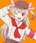  &gt;_&lt; 1girl ;d adjusting_clothes adjusting_headwear alternate_costume arm_up armband blonde_hair brown_headwear cabbie_hat commentary_request fang hair_ornament hat jacket long_hair long_sleeves looking_at_viewer natori_sana one_eye_closed open_mouth orange_background rabbit_hair_ornament red_armband red_eyes red_scarf sana_channel scarf simple_background smile solo two_side_up upper_body virtual_youtuber white_jacket youasato 