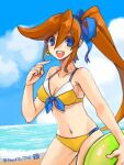  1girl :d ace_attorney athena_cykes bare_shoulders beach bikini blue_eyes blue_ribbon blue_sky breasts cleavage cloud crescent crescent_earrings earrings hair_between_eyes hair_ribbon holding holding_innertube innertube jewelry long_hair looking_at_viewer navel ocean open_mouth orange_hair ribbon side_ponytail single_earring sky smile solo swimsuit tears_tni teeth twitter_username upper_teeth_only yellow_bikini 