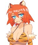  1girl animal_ears animal_print bikini blue_eyes breasts cigarette cleavage closed_mouth collarbone fang fang_out hcnone highres large_breasts looking_at_viewer orange_hair original pixel_art short_hair solo swimsuit tiger-chan_(hcnone) tiger_ears tiger_girl tiger_print upper_body 