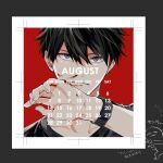  1boy black_hair black_shirt black_wristband blood blood_on_face blue_eyes closed_mouth given kizu_natsuki male_focus nosebleed red_background shirt simple_background solo uenoyama_ritsuka 