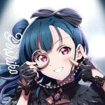  1girl artist_request black_gloves blue_hair blush character_name commentary_request dot_nose fingerless_gloves gloves hair_bun hair_ornament hands_up long_hair looking_at_viewer love_live! love_live!_sunshine!! lowres monocle_hair_ornament official_art purple_eyes smile solo teeth tsushima_yoshiko v 