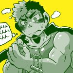  1boy bara blush facial_hair goatee hands_up holding ikusaba_daisuke long_sideburns lucasuke male_focus multicolored_hair multiple_monochrome muscular muscular_male nervous nervous_sweating pectorals short_hair sideburns singlet solo sweat tokyo_afterschool_summoners translation_request two-tone_hair wrestling_outfit yellow_background 