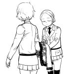  2girls armband asparagus_(girls_und_panzer) back_turned bc_freedom_(emblem) bc_freedom_military_uniform belt black_footwear black_necktie blonde_hair boots bowing breasts closed_eyes emblem flat_chest girls_und_panzer girls_und_panzer_ribbon_no_musha long_hair low-tied_long_hair m.purin military military_jacket military_uniform monochrome moules_(girls_und_panzer) multiple_girls necktie parted_hair pelisse pleated_skirt riding_boots scuffed shirt short_hair simple_background skirt small_breasts uniform white_background white_shirt 