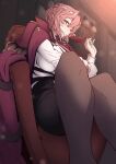  1girl absurdres alcohol black_shorts blue_eyes breasts chair coat coat_on_shoulders cup drinking_glass head_wings highres holding holding_cup hololive long_sleeves oki_no_fuji pantyhose pink_hair popped_collar red_coat red_wine shirt short_hair shorts sitting solo takane_lui takane_lui_(1st_costume) virtual_youtuber white_shirt wine wine_glass wings 