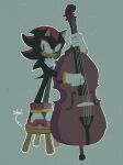  1boy animal_ears animal_nose closed_mouth commentary double_bass english_commentary full_body furry furry_male gloves grey_background highres holding holding_instrument instrument lemonlumens male_focus music on_stool outline playing_instrument red_eyes shadow_the_hedgehog shoes simple_background solo sonic_(series) standing stool tail white_gloves white_outline wooden_stool 