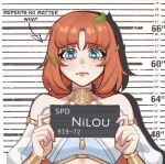 1girl barbie_(franchise) barbie_(live_action) barbie_mugshot_(meme) blue_eyes bracer character_name chui_art crop_top detached_sleeves english_commentary english_text genshin_impact halterneck highres holding leaf looking_at_viewer low_twintails meme mugshot nilou_(genshin_impact) orange_hair parted_bangs solo tearing_up twintails 