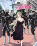  1girl 6+boys absurdres alternate_costume bags_under_eyes black_bodysuit black_dress blonde_hair bodysuit boku_no_hero_academia breasts building cardigan day dismaiden double_bun dress hair_bun highres holding holding_umbrella large_breasts messy_hair multiple_boys open_mouth outdoors slit_pupils toga_himiko twice_(boku_no_hero_academia) umbrella urban yellow_cardigan yellow_eyes 