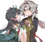  2boys ahoge alternate_hair_color black_hair black_sleeves blade_(honkai:_star_rail) blush chinese_clothes closed_mouth couch dan_heng_(honkai:_star_rail) dan_heng_(imbibitor_lunae)_(honkai:_star_rail) dragon_boy dragon_horns earrings fingerless_gloves gloves green_eyes green_hood hand_on_another&#039;s_back height_chart honkai:_star_rail honkai_(series) horns interlocked_fingers jewelry long_hair looking_at_another male_focus multiple_boys no_nohara25 parted_bangs pointy_ears ponytail red_eyeliner simple_background smile upper_body white_background white_hair white_sleeves yaoi 