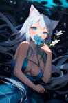 1girl air_bubble animal_ear_fluff animal_ears bare_arms bare_shoulders blue_dress blue_eyes blue_flower breasts bubble cat_ears cleavage collarbone commentary covered_mouth dress english_commentary flower grey_hair highres holding holding_flower long_hair looking_at_viewer medium_breasts nami_(nyaa) original solo underwater very_long_hair white_flower 