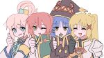  4girls ahoge aqua_(konosuba) aqua_(konosuba)_(cosplay) blonde_hair blue_eyes blue_hair blush bocchi_the_rock! chomusuke cosplay cube_hair_ornament darkness_(konosuba) darkness_(konosuba)_(cosplay) detached_ahoge gotoh_hitori green_eyes hair_ornament hairclip hat ijichi_nijika kita_ikuyo kono_subarashii_sekai_ni_shukufuku_wo! megumin megumin_(cosplay) multiple_girls one_eye_closed parody pink_hair red_hair satou_kazuma satou_kazuma_(cosplay) thumbs_up tomorrow_(konosuba) upper_body witch_hat x_hair_ornament yamada_ryo yunayuispink 