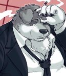  2023 anthro belly big_belly canid canine canis clothing domestic_dog hi_res humanoid_hands kemono male mammal necktie one_eye_closed overweight overweight_male shirt simple_background smoking solo topwear zapapanda 