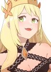  1girl bare_shoulders blonde_hair breasts butterfly_hair_ornament celine_(fire_emblem) cleavage crown fcgc_(friedalwaysgood) fire_emblem fire_emblem_engage flower green_eyes hair_flower hair_ornament highres long_hair looking_at_viewer open_mouth small_breasts teeth upper_body upper_teeth_only white_background 
