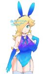  1girl :o animal_ears artist_name bare_shoulders blonde_hair blue_eyes blue_gloves blue_leotard breasts brooch collar covered_navel earrings elbow_gloves fake_animal_ears garter_straps gloves hair_over_one_eye highres jewelry large_breasts leotard long_hair looking_at_viewer mario_(series) parted_lips playboy_bunny rabbit_ears rosalina shoes simple_background solo standing star_(symbol) star_brooch star_earrings thighhighs thighs yyouauo33 zettai_ryouiki 