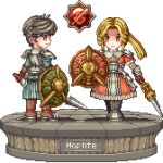  1boy 1girl armor armored_boots armored_dress blonde_hair boots faux_figurine grey_hair holding holding_polearm holding_weapon hoplite_(tree_of_savior) pixel_art polearm shield shoulder_armor toshi6786 tree_of_savior weapon 