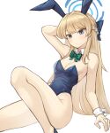  1girl animal_ears arm_behind_head bare_shoulders blonde_hair blue_archive blue_eyes blue_hair blue_halo blue_leotard bow bowtie braid breasts cleavage closed_mouth detached_collar fake_animal_ears foot_out_of_frame green_bow green_bowtie halo highleg highleg_leotard highres korean_commentary leotard long_hair looking_at_viewer medium_breasts multicolored_hair playboy_bunny rabbit_ears simple_background solo sookmo streaked_hair thighs toki_(blue_archive) toki_(bunny)_(blue_archive) white_background wrist_cuffs 