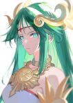  1girl absurdres bare_shoulders circlet closed_mouth collar collarbone dress green_eyes green_hair hair_ornament highres jewelry kid_icarus kid_icarus_uprising lips long_hair looking_at_viewer necklace palutena parted_bangs pink_lips simple_background solo strapless strapless_dress very_long_hair white_background white_dress yasaikakiage 
