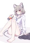  1girl animal_ears ass barefoot blush can closed_mouth collared_shirt grey_hair hair_between_eyes highres hihi_(cvwv4322) holding holding_can jewelry long_sleeves mouse_ears mouse_tail nazrin pendant red_eyes shirt short_hair solo tail touhou white_shirt 