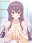  1girl blush breasts bridal_veil bride cleavage collarbone curtains dress fingernails groom hair_between_eyes hair_ribbon highres jewelry large_breasts long_hair looking_at_viewer murasaki_(senran_kagura) necklace open_mouth perapera purple_eyes purple_hair ribbon senran_kagura senran_kagura_shinovi_versus smile solo strapless strapless_dress veil wedding wedding_dress white_dress window 