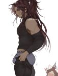  ! !! 1boy 1other absurdres animal_ears ass bare_shoulders bishounen bouncing_ass bouncing_bulge brown_hair bulge bulge_lift cat_ears check_copyright chu_(taishkyoo) copyright_request dark-skinned_male dark_skin detached_sleeves dressing feet_out_of_frame from_side highres long_hair looking_at_viewer male_focus meme motion_lines never_seen_a_guy_recreate_this_(meme) open_pants original pants pants_lift pectorals ponytail solo_focus standing thick_eyebrows undersized_clothes 