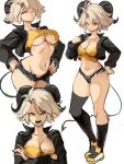  1girl asymmetrical_legwear black_jacket black_shorts black_socks blonde_hair breasts cleavage crossed_arms demon_tail full_body hands_on_own_hips highres horns jacket large_breasts looking_at_viewer midriff multiple_views open_mouth original rakeemspoon shirt short_shorts shorts socks stomach susan_(rakeemspoon) tail torn_clothes torn_shirt torn_shorts underboob white_background wide_hips yellow_eyes yellow_footwear yellow_shirt 