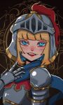  1girl absurdres armor basedbinkie black_background blonde_hair blue_eyes breastplate colored_eyelashes english_commentary gauntlets hand_on_own_chest helmet highres light_blush looking_at_viewer original pauldrons short_hair shoulder_armor smile solo 