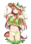  1-4daithi 1girl absurdres animal_ears bikini collarbone cowboy_shot green_bikini green_eyes groin hat highres horse_ears horse_girl horse_tail jacket long_hair long_sleeves navel open_clothes open_jacket orange_hair silence_suzuka_(umamusume) simple_background solo swimsuit tail umamusume white_background white_jacket yellow_headwear 