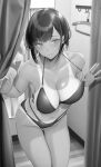  1girl absurdres bikini blush breasts cleavage clothes_hanger collarbone commentary_request dressing_room gentsuki greyscale highres indoors large_breasts leaning_forward looking_at_viewer mirror monochrome navel o-ring o-ring_bikini original parted_lips raised_eyebrow short_hair sideboob smile solo strap_pull swimsuit tan tanlines thighs 