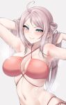  1girl absurdres ahoge arm_up bare_arms bare_shoulders bikini blue_eyes blurry blush breasts cleavage collarbone commentary_request criss-cross_halter depth_of_field ear_blush grey_background grin hair_lift halterneck hand_in_own_hair hand_up highres large_breasts long_hair looking_at_viewer love_live! love_live!_nijigasaki_high_school_idol_club mole mole_under_eye multi-strapped_bikini nasuno_(nasuno42) navel parted_lips pink_hair red_bikini side-tie_bikini_bottom sidelocks simple_background smile solo standing steaming_body stomach sweat swept_bangs swimsuit upper_body wet wet_hair zhong_lanzhu 