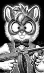  2023 anthro bow_tie calvin_mcmurray claws clothed clothing domestic_cat felid feline felis front_view frown fur gun hair hi_res holding_object holding_submachine_gun holding_weapon lackadaisy looking_at_viewer male mammal mouth_closed nikraccoom ranged_weapon shirt signature solo submachine_gun topwear vest weapon webcomic wide_eyed 