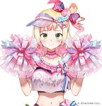  1girl ? anmi blonde_hair blush character_name closed_mouth clothes_writing crop_top gradient_hair green_eyes hair_ornament hair_ribbon heart heart_hair_ornament highres holding holding_pom_poms hololive long_hair midriff momosuzu_nene multicolored_hair official_art one_side_up pink_hair pom_pom_(cheerleading) ribbon sideways_hat simple_background smile solo upper_body virtual_youtuber visor_cap 