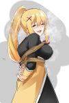  1girl :d ^_^ arms_behind_back aroused bdsm blonde_hair blush bondage bound breasts closed_eyes commentary_request cowboy_shot darkness_(konosuba) from_side grey_background hair_between_eyes hair_ornament heavy_breathing highres kono_subarashii_sekai_ni_shukufuku_wo! large_breasts long_hair mame1645 open_mouth ponytail simple_background sketch smile solo standing sweat very_long_hair visible_air x_hair_ornament 