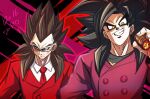  2boys absurdres black_hair cigarette collared_shirt dragon_ball dragon_ball_gt formal highres holding holding_cigarette jacket male_focus monkey_boy multiple_boys muscular muscular_male shirt smirk son_goku spiked_hair suit suit_jacket sunglasses super_saiyan super_saiyan_4 vegeta yuuri_(fukuroudou) 