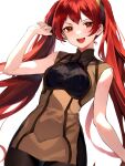  1girl absurdres bare_shoulders black_pantyhose brown_dress commentary dress fire_emblem fire_emblem_awakening highres jurge long_hair looking_at_viewer mixed-language_commentary open_mouth pantyhose red_eyes red_hair severa_(fire_emblem) simple_background sleeveless sleeveless_dress smile solo teeth twintails upper_teeth_only very_long_hair white_background 