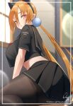  1girl alisa_southerncross black_pantyhose black_serafuku black_shirt black_skirt blonde_hair border breasts cat_ear_hairband commentary english_commentary from_side highres keroro_gunsou large_breasts long_hair looking_at_viewer looking_to_the_side midriff ozzyart_0221 pantyhose parted_lips pleated_skirt red_eyes school_uniform serafuku shirt short_sleeves signature sitting skirt solo thighband_pantyhose twintails twitter_username white_border 