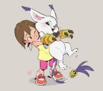  1girl :d bare_shoulders brown_hair cat child claws digimon digimon_(creature) digimon_adventure grey_footwear highres hug neckerchief one_eye_closed open_mouth pink_shorts red_footwear shirt shoes short_hair shorts simple_background sleepy_kc smile tailmon teeth whistle whistle_around_neck yagami_hikari yellow_shirt 
