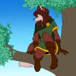  1:1 anthro boots breasts brown_body brown_fur brown_hair canid canine cape clothed clothing diana_artemis dipstick_tail female footwear fox foxenawolf fur gloves gradient_background green_eyes hair handwear hi_res mammal markings plant simple_background solo tail tail_markings tree 