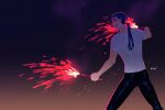  1boy adam&#039;s_apple cu_chulainn_(fate) earrings embers fate/stay_night fate_(series) feet_out_of_frame from_side hal_(haaaalhal) holding_fireworks jewelry long_hair male_focus ponytail red_eyes shirt short_sleeves solo teeth toned toned_male upper_teeth_only white_shirt 