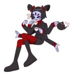  arthropod_girl black_footwear black_jacket cosplay crossover cup extra_arms extra_eyes helltaker holding holding_cup holding_kettle jacket modeus_(helltaker) modeus_(helltaker)_(cosplay) muffet pantyhose red_pantyhose red_sweater spider_girl sweater tokban undertale 