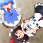  2girls :d arms_at_sides ascot black_bow black_bowtie black_hair black_skirt blouse blue_dress blue_hair blush body_blush bow bowtie brown_footwear cirno clenched_hands closed_mouth collared_shirt day dress dutch_angle female_pervert frills from_above full-face_blush furrowed_brow hands_up hat ice ice_wings implied_pantyshot legs_apart lying matty_(zuwzi) multiple_girls on_back on_ground open_mouth outdoors pervert pinafore_dress pointy_ears pom_pom_(clothes) puffy_short_sleeves puffy_sleeves red_ascot red_eyes red_headwear ribbon-trimmed_clothes ribbon-trimmed_shirt ribbon_trim shaded_face shadow shameimaru_aya shiny_skin shirt shoes short_hair short_sleeves skirt smile standing sunlight sweat sweating_profusely tareme tokin_hat touhou w_arms wavy_mouth white_shirt wing_collar wings yuri 