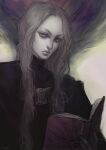  1boy book closed_mouth commentary english_commentary enki_(fear_&amp;_hunger) fear_&amp;_hunger grey_hair highres holding holding_book long_hair looking_at_viewer male_focus nat_the_lich parted_hair signature solo 