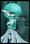  anthro big_eyes black_border blowup_background border breasts clothed clothing eyelashes female gardevoir generation_3_pokemon green_hair hair hi_res humanoid legwear nintendo not_furry pinup pokemon pokemon_(species) pose red_eyes simple_background solo warlocke 